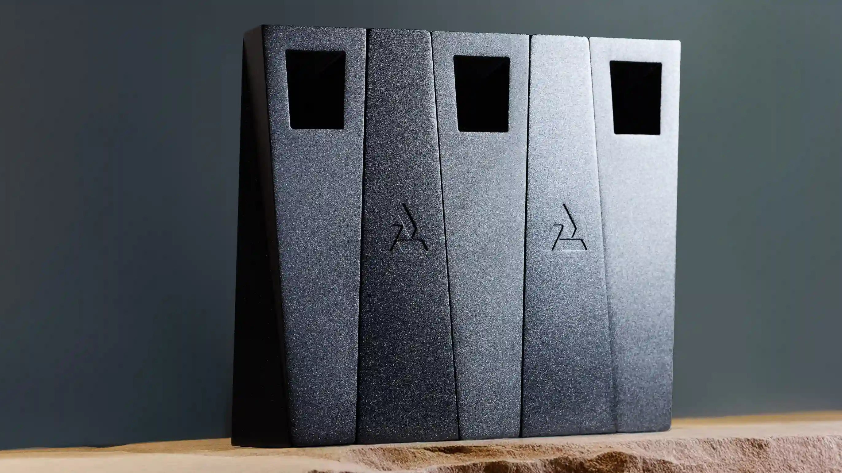 a grouping of butalist designed tempest pipes with interlocking geometry