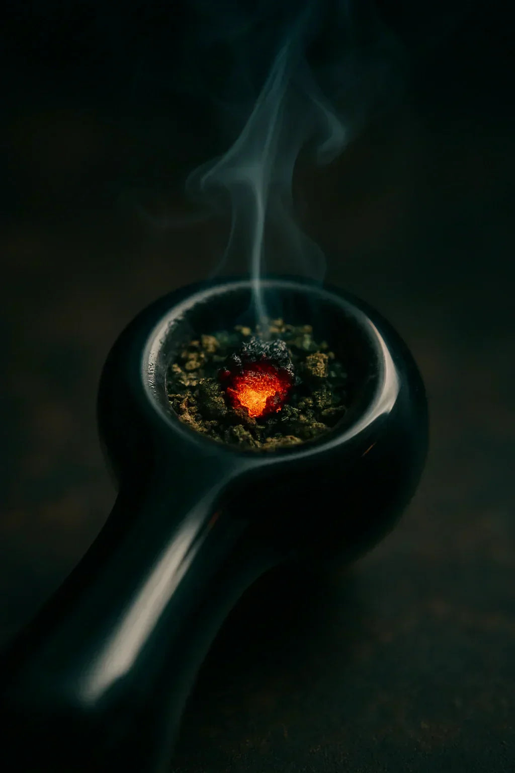 a glass spoon pipe with burning embers in the bowl