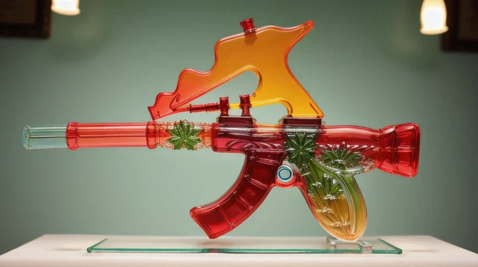 an expensive modern art glass bong in the shape of a machine gun on display in an art gallery