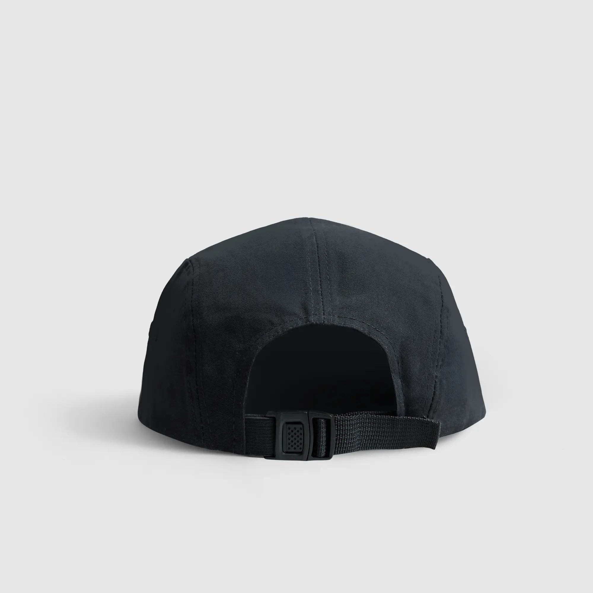 Black Artifact 5-panel hat with adjustable strap, back view