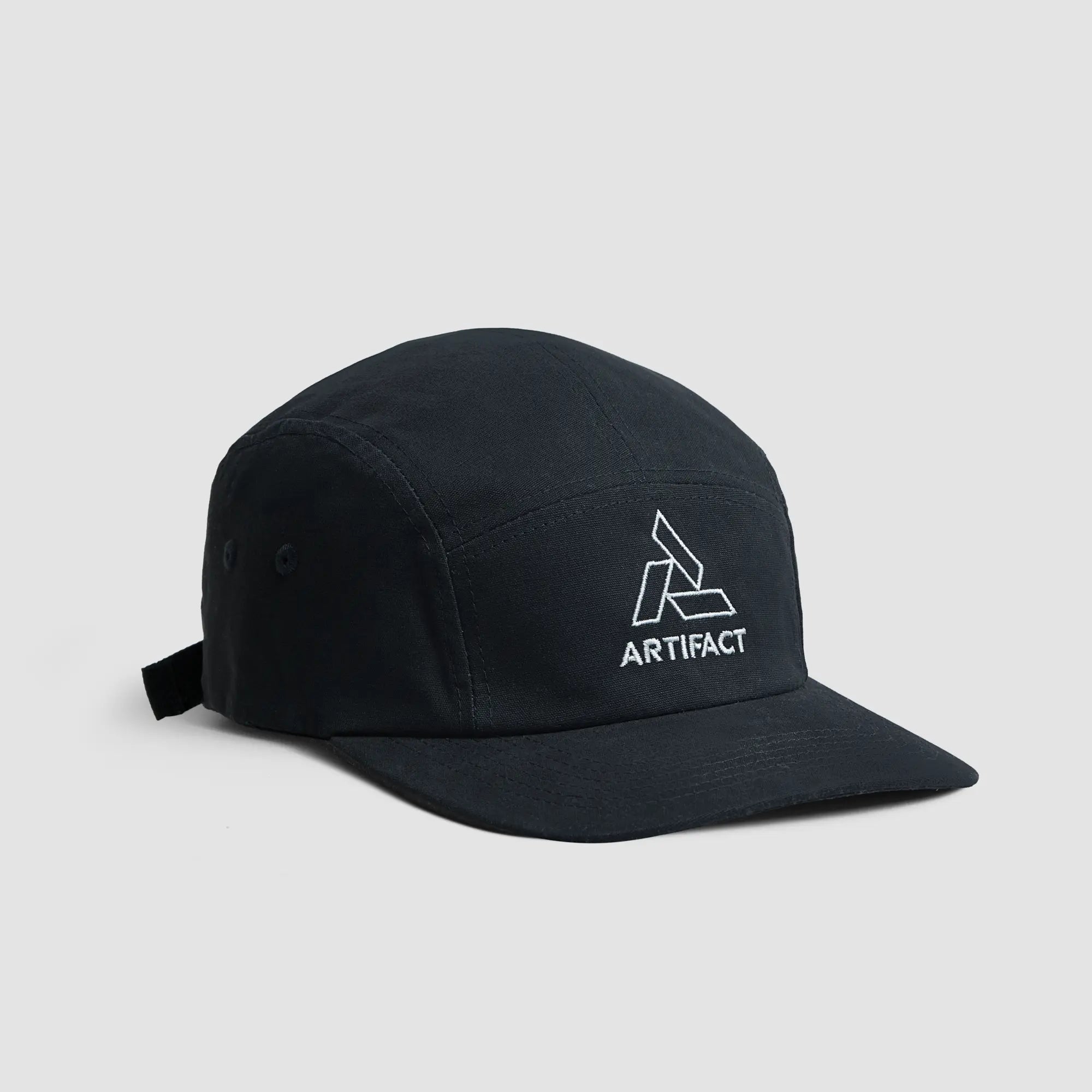 Black Artifact 5-panel hat with tri-panel logo, front view
